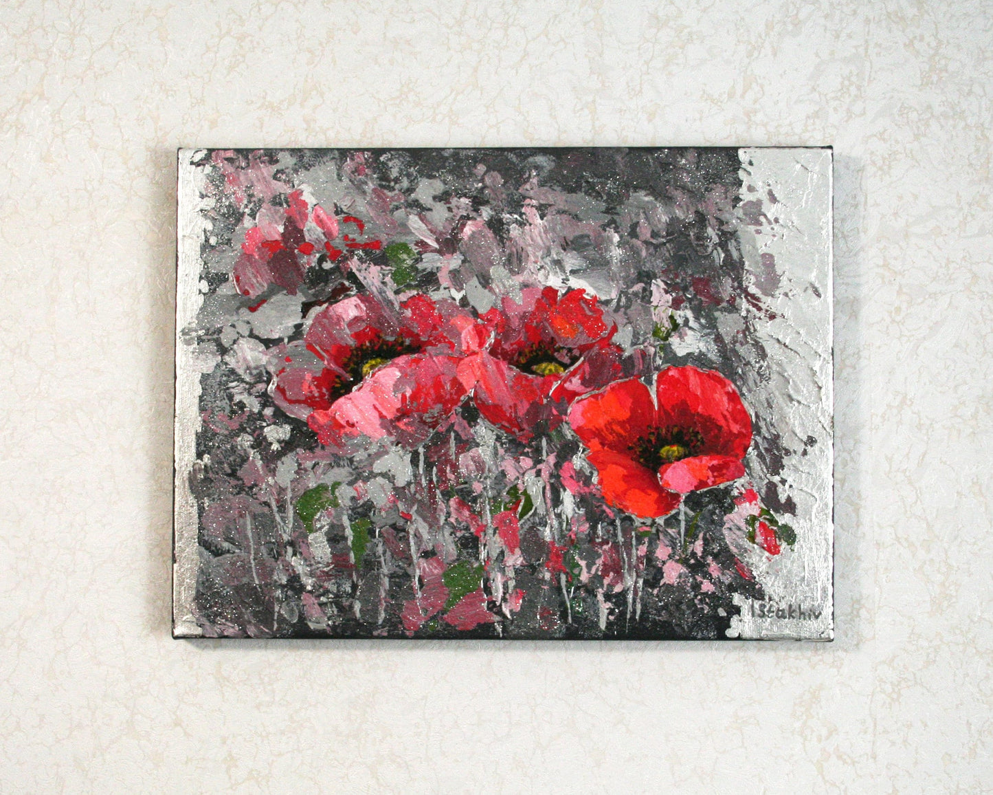 Red poppies acrylic painting on gray background, palette knife textured floral art by Iryna Stakhiv