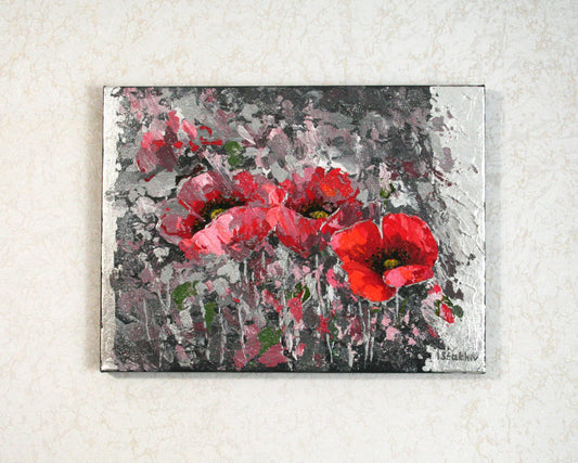 Red poppies acrylic painting on gray background, palette knife textured floral art by Iryna Stakhiv