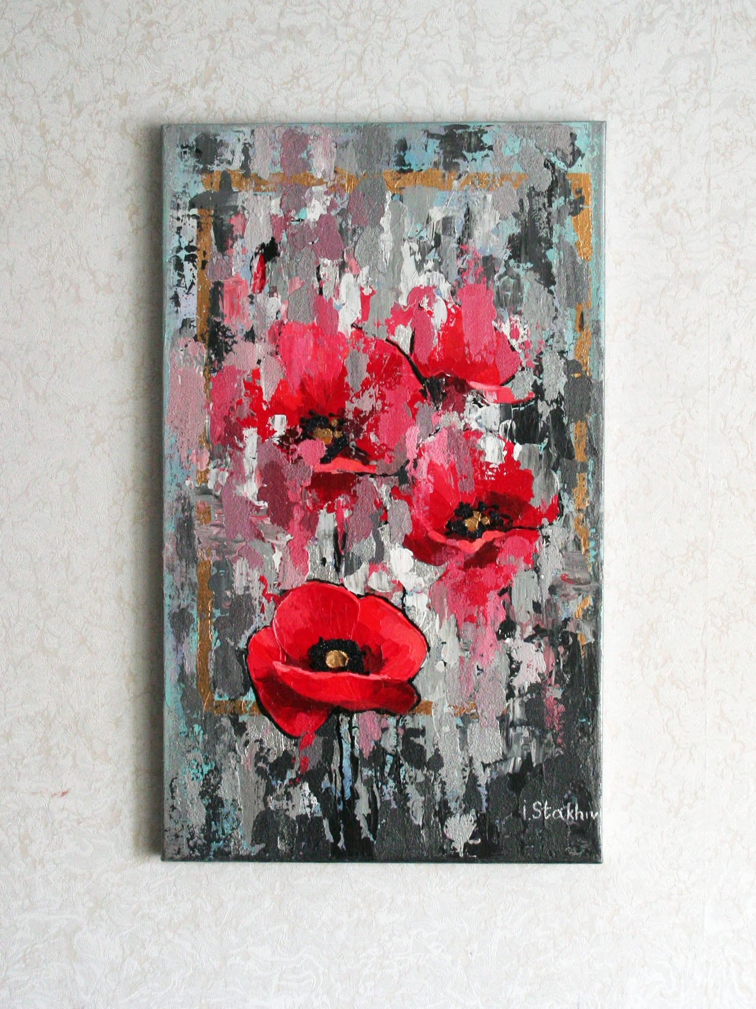 Red poppies original painting semi-abstract textured floral wall art 12x20 inches