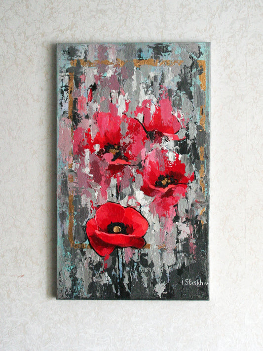 Red poppies original painting semi-abstract textured floral wall art 12x20 inches