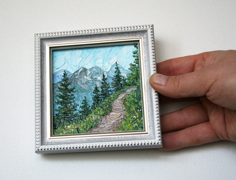 Rocky Mountains framed miniature oil painting, white frame option, palette knife art