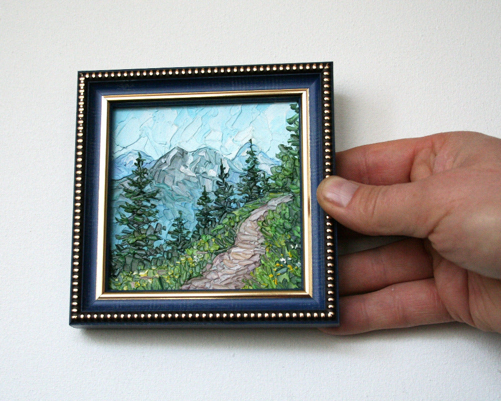 Rocky Mountains mini oil painting in blue frame, palette knife landscape art by Iryna Stakhiv