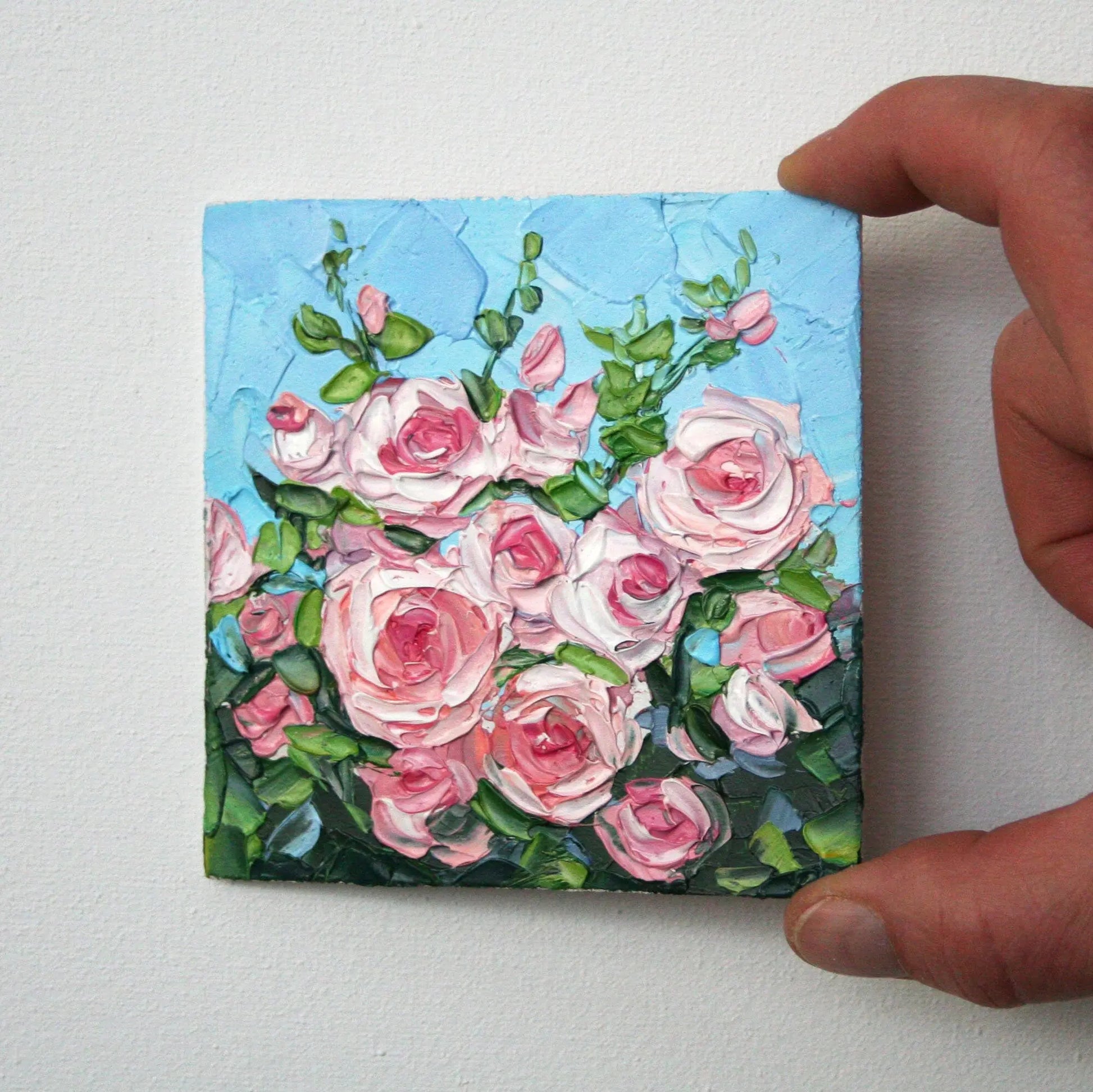 Rose mini oil painting 4x4, original impasto palette knife artwork on hard panel