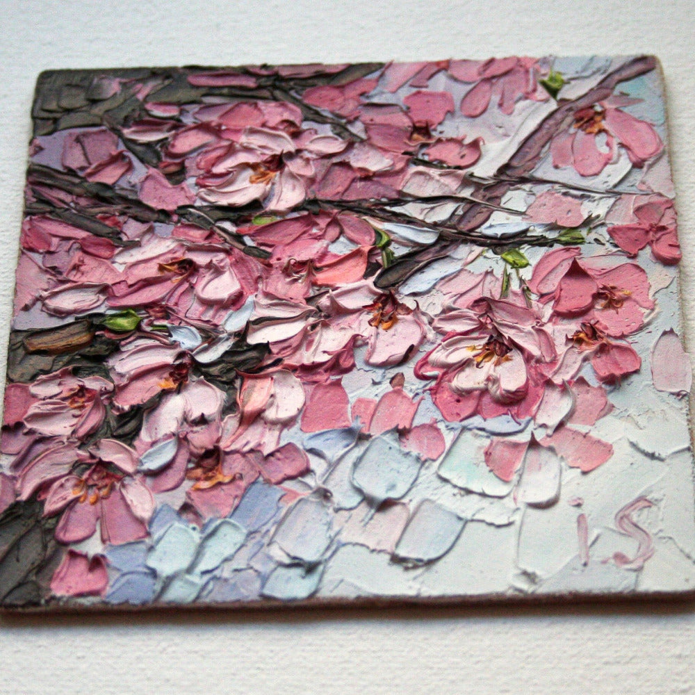 Sakura art original oil painting – floral impasto textured artwork with frame 