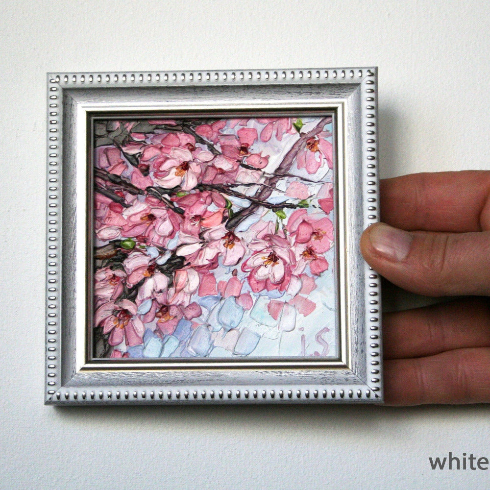 Sakura art original oil painting on hard panel – floral impasto artwork with frame 