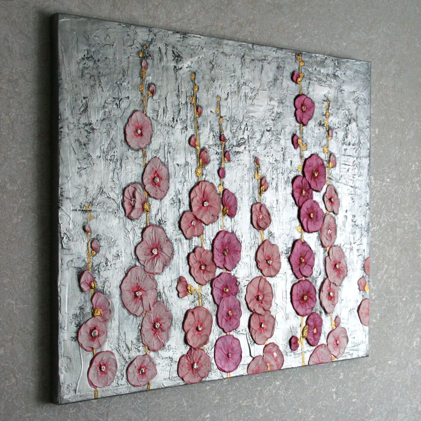 Shimmering silver metallic background on abstract floral painting, light reflection on acrylic