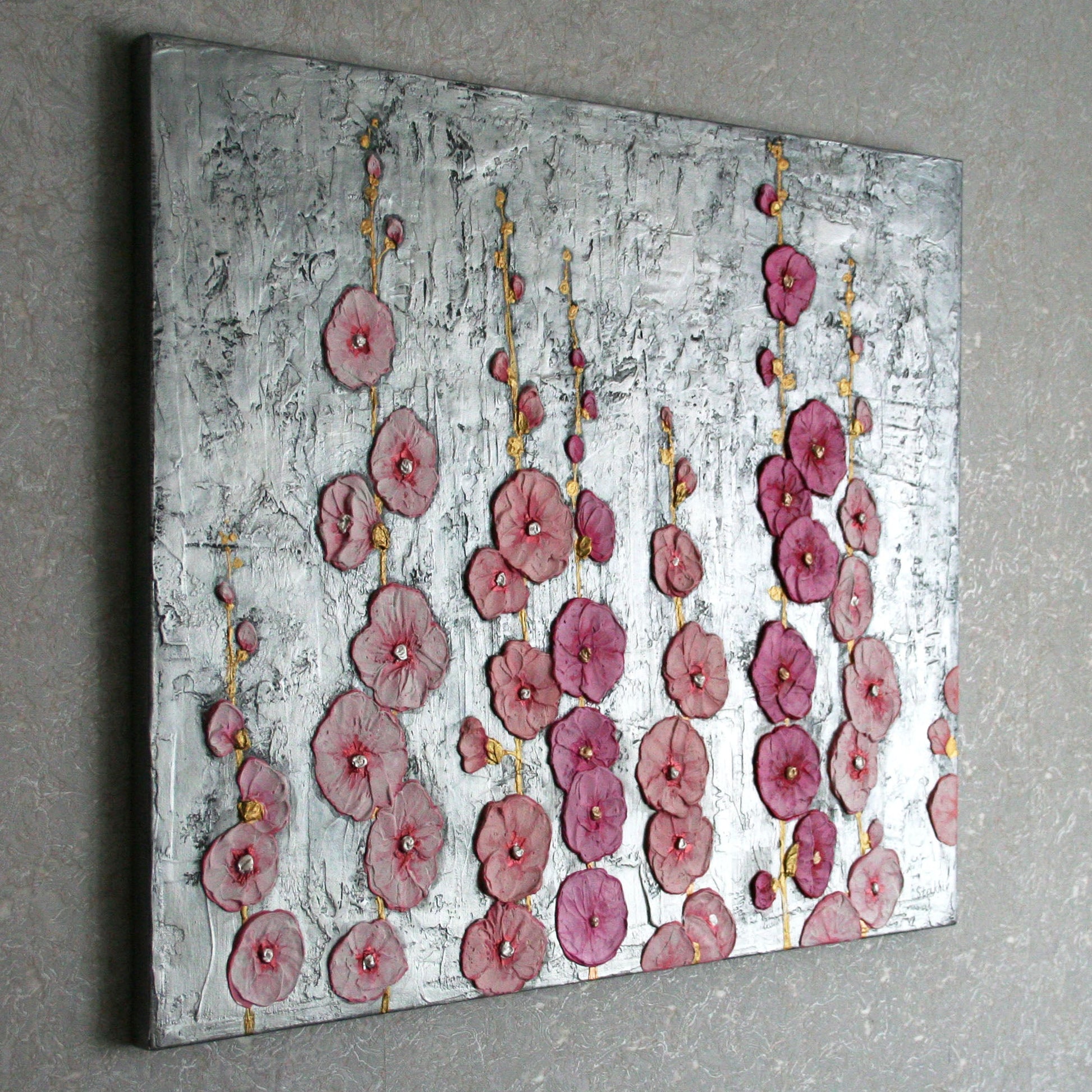 Shimmering silver metallic background on abstract floral painting, light reflection on acrylic