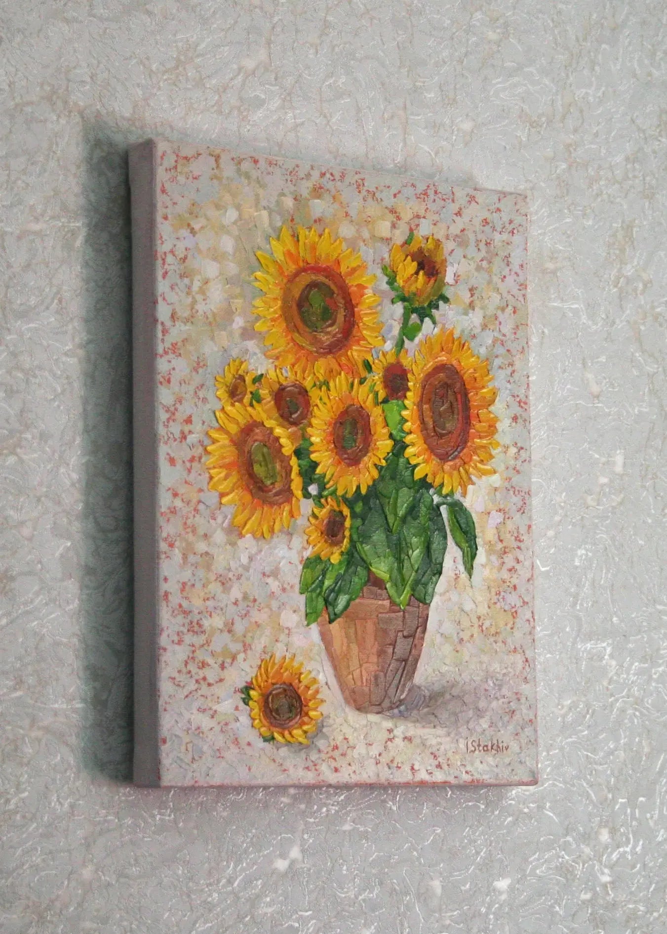 Side view of original sunflower painting on canvas, gallery wrapped, ready to hang