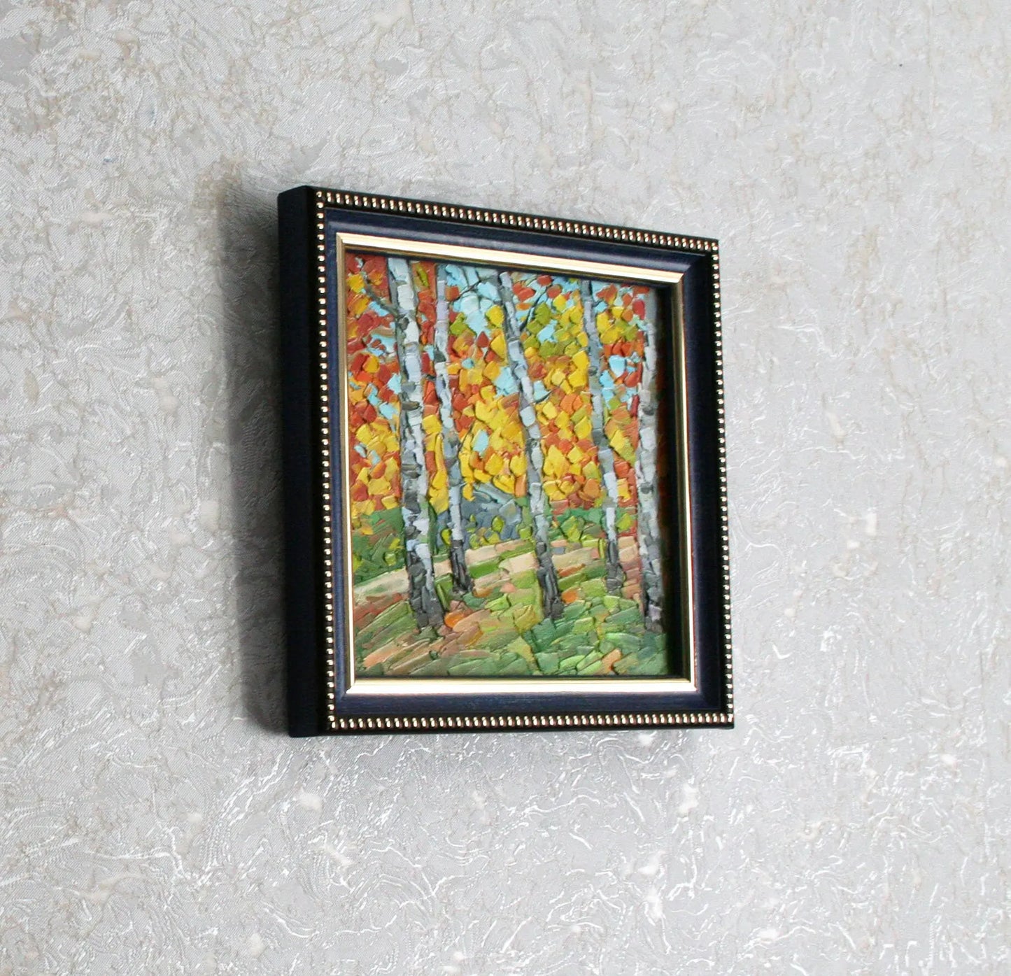 Small framed art — birch forest autumn landscape mini oil painting by Iryna Stakhiv