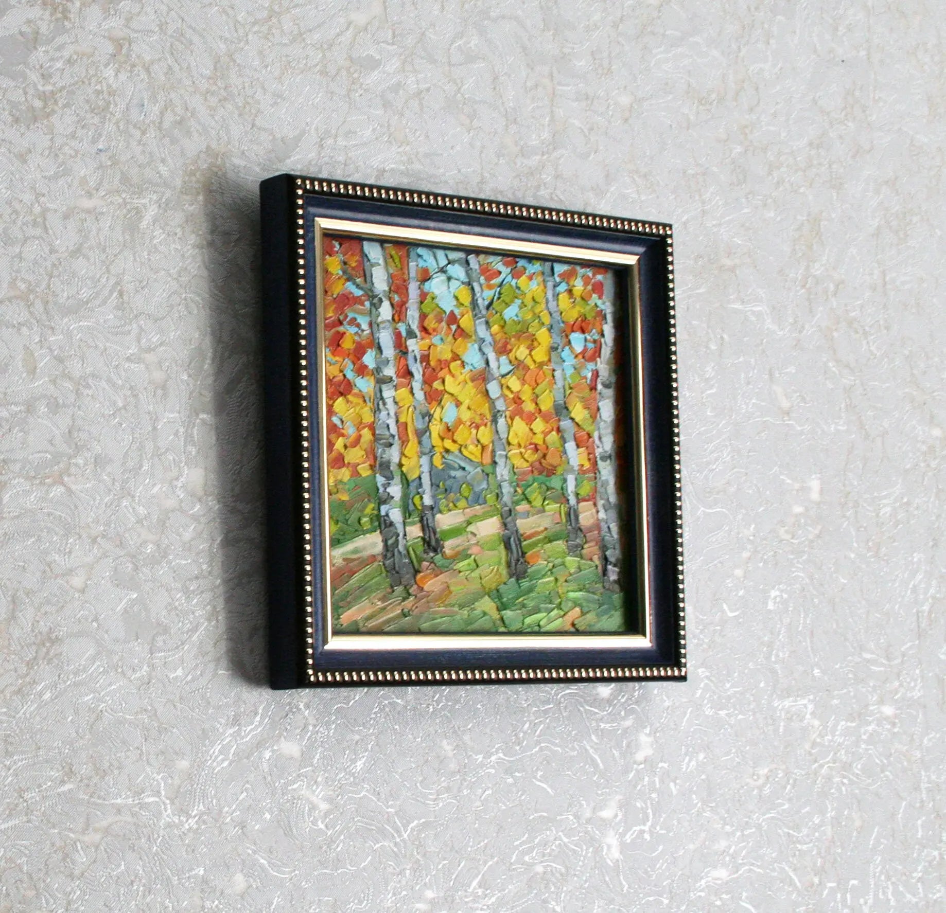Small framed art — birch forest autumn landscape mini oil painting by Iryna Stakhiv