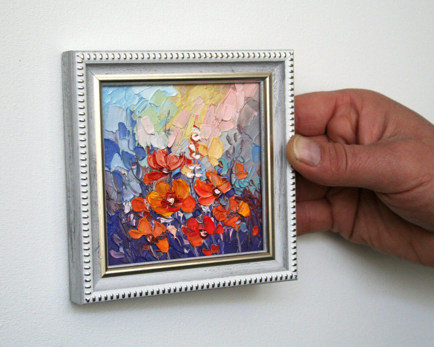 Small framed floral oil painting in white frame, abstract flowers palette knife art