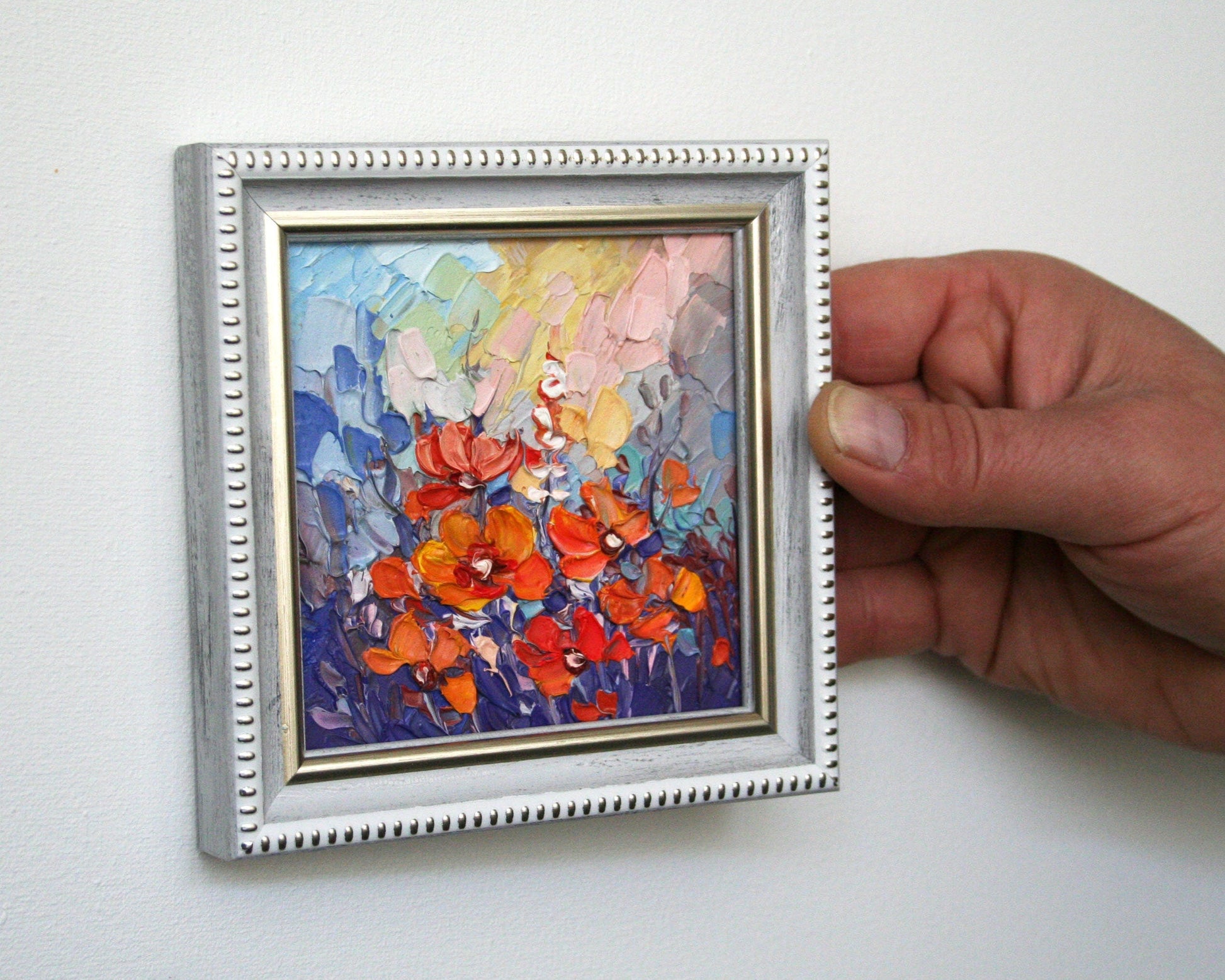 Small framed floral oil painting in white frame, abstract flowers palette knife art