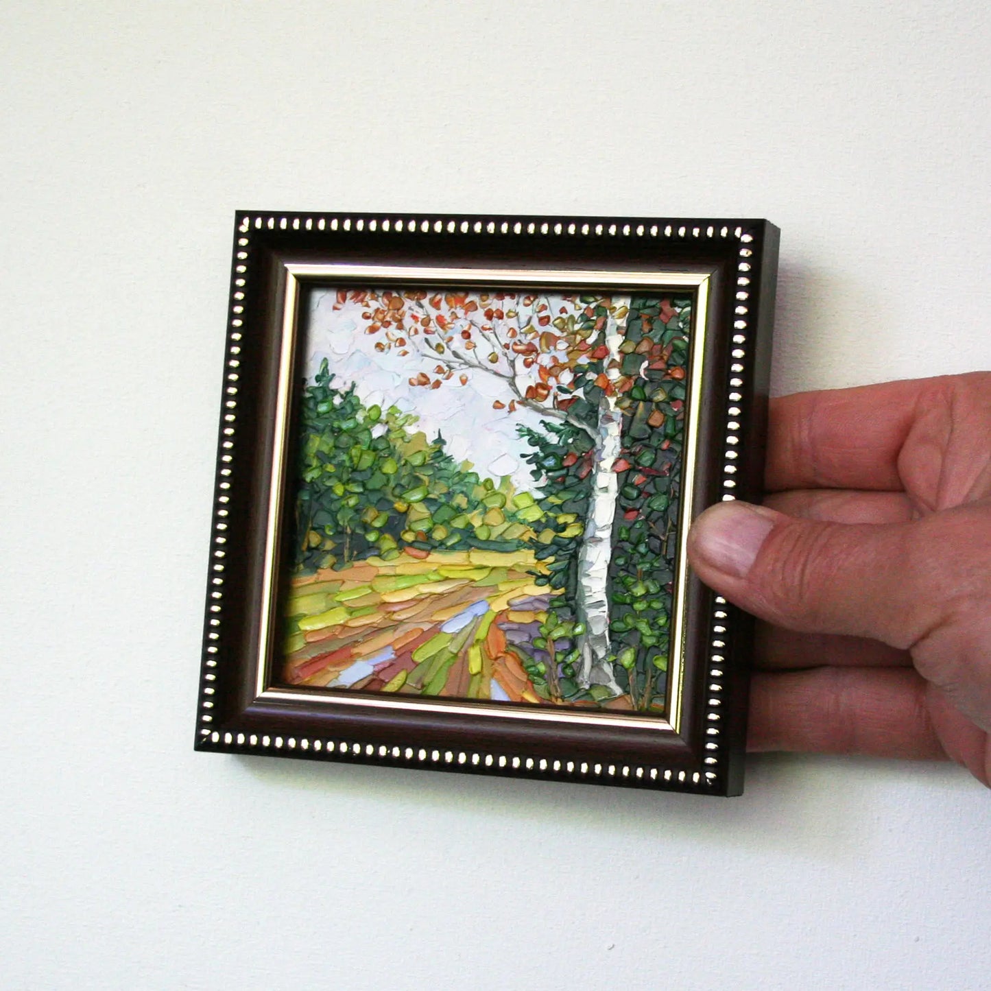 Small framed landscape oil painting — birch tree forest road, New England art 4x4 inches