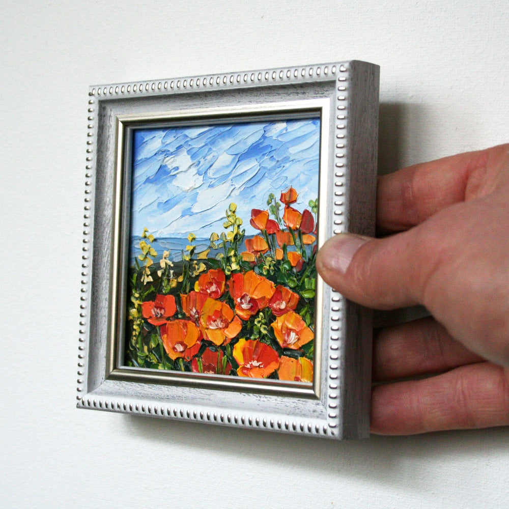 Small framed original painting, orange flowers, palette knife textured art