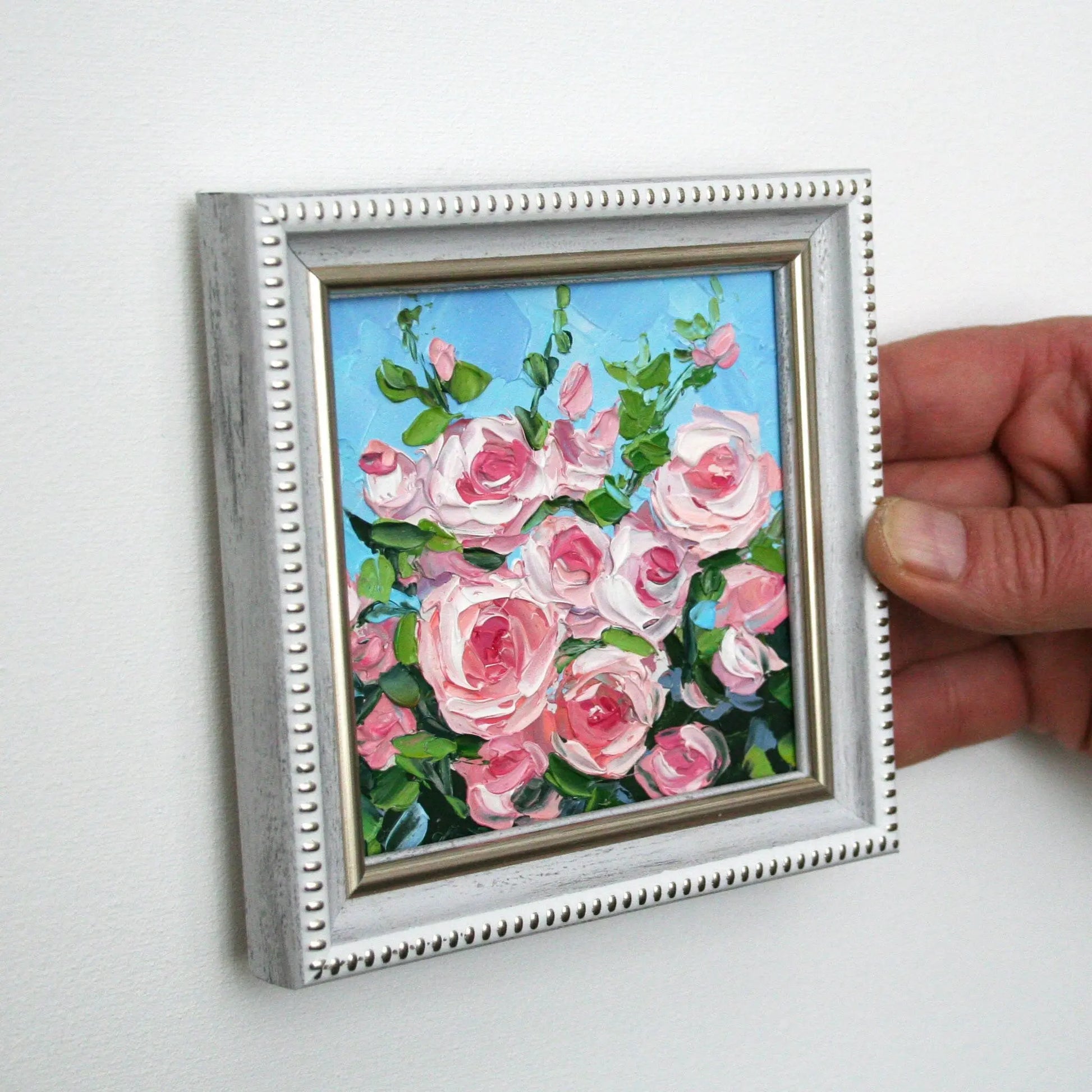 Small framed rose oil painting held in hand, miniature floral impasto art 4x4 inches