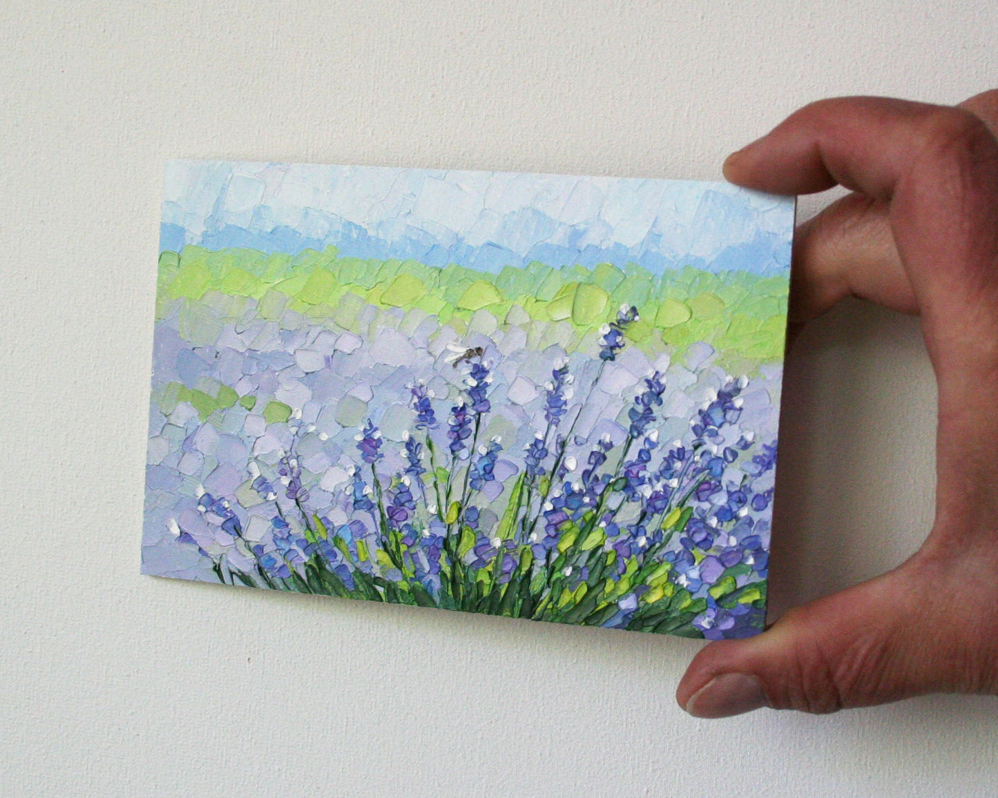 Small lavender mini oil painting, semi-abstract floral wall art.