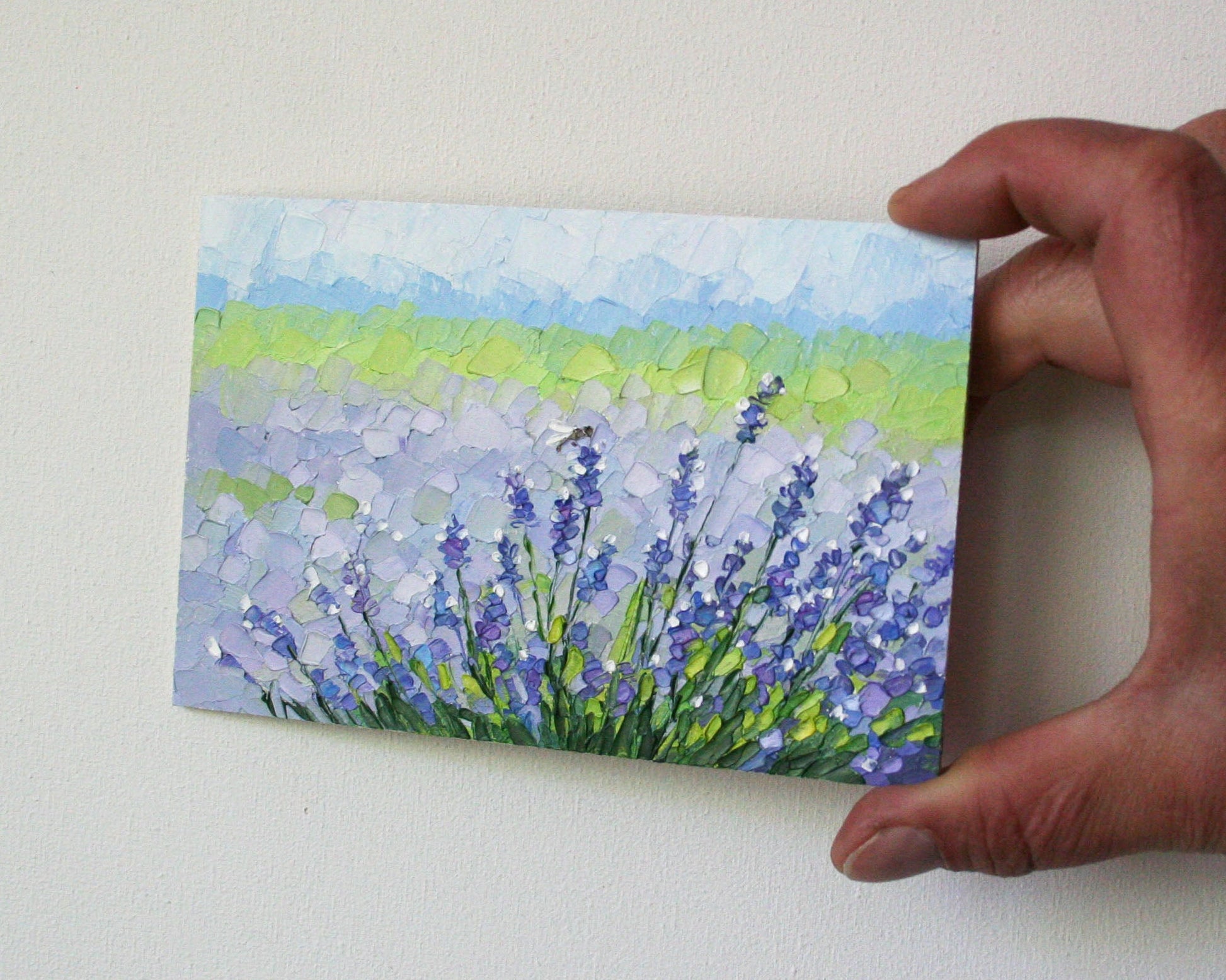 Small lavender mini oil painting, semi-abstract floral wall art.