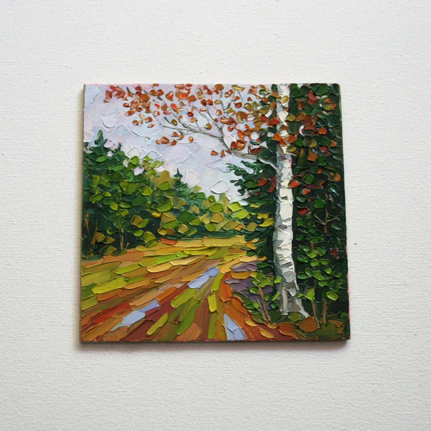 Small original landscape oil painting — sunlit autumn path, impasto palette knife art by Iryna Stakhiv