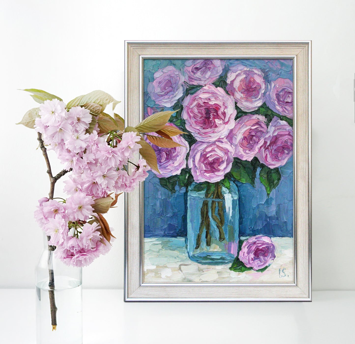 Small original rose oil painting on panel, 8x12 inches textured flower art, authentic Ukrainian artist Iryna Stakhiv
