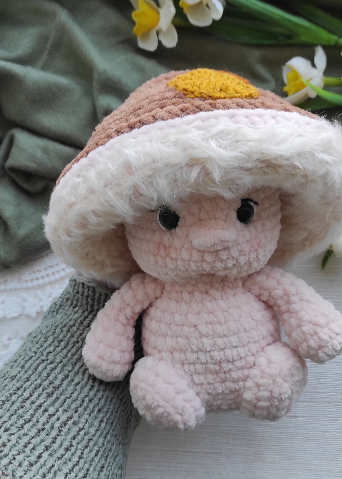 Soft forest mushroom toy, hypoallergenic hollowfiber stuffing, woodland nursery decor