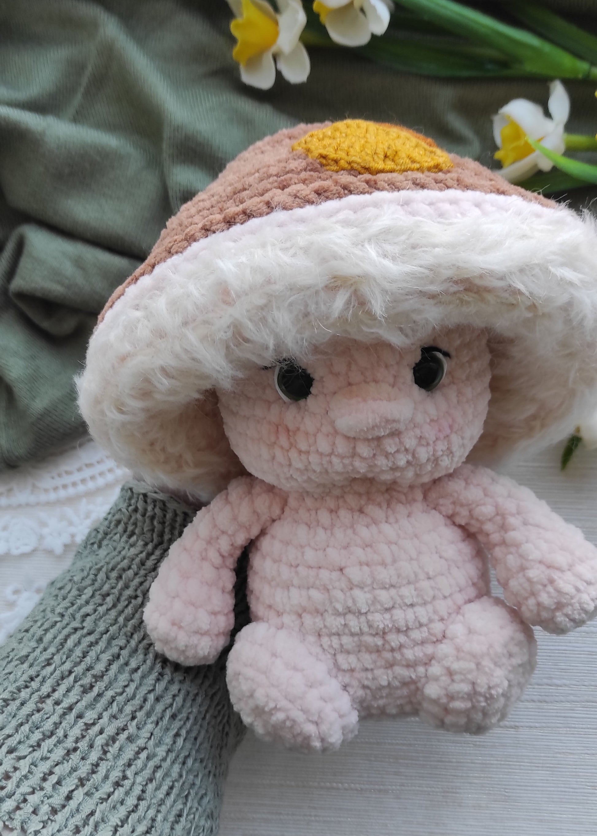 Soft forest mushroom toy, hypoallergenic hollowfiber stuffing, woodland nursery decor