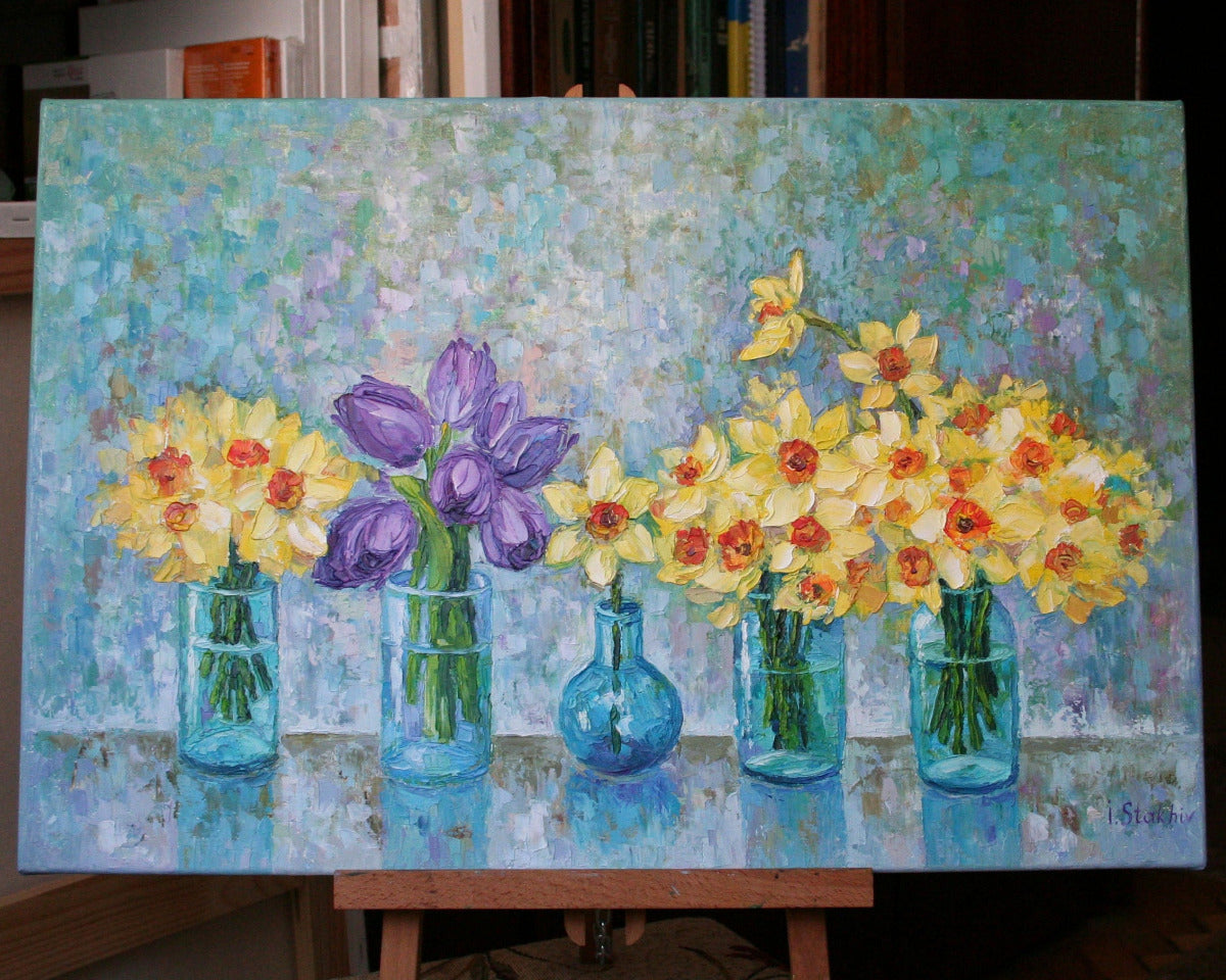 Spring artwork -  floral wall art with yellow and violet flowers in jars for living room decor.