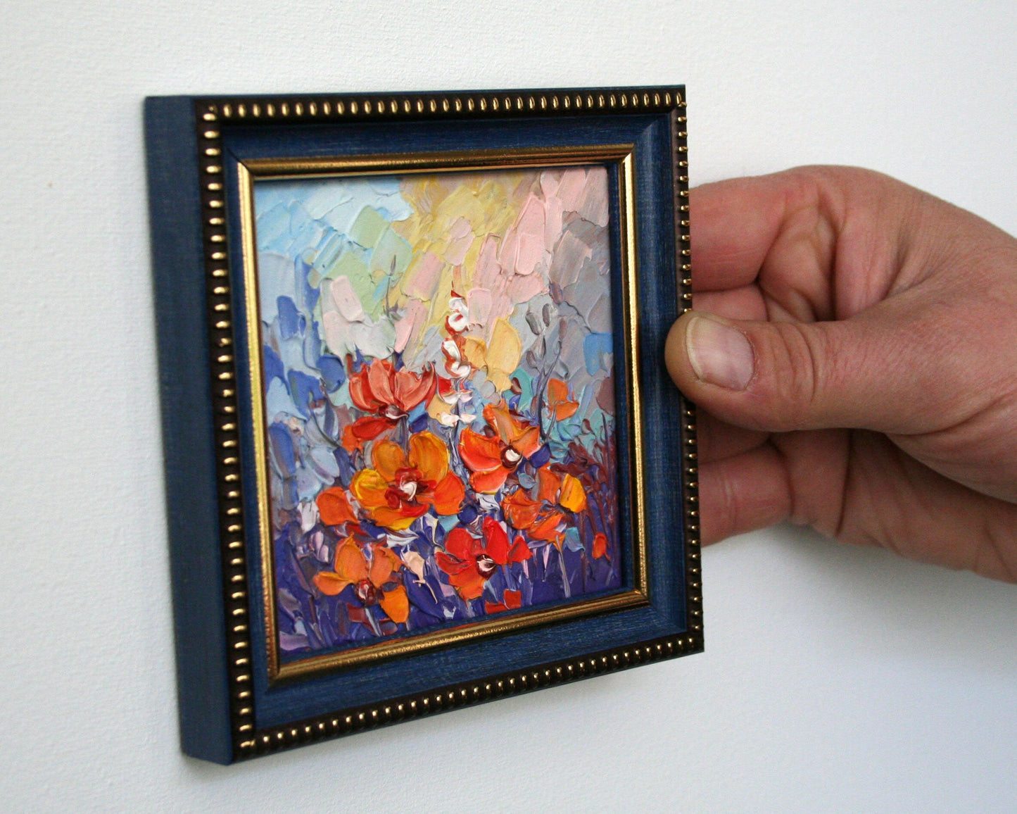 Summer Field framed miniature oil painting, made to order original artwork 10x10 cm
