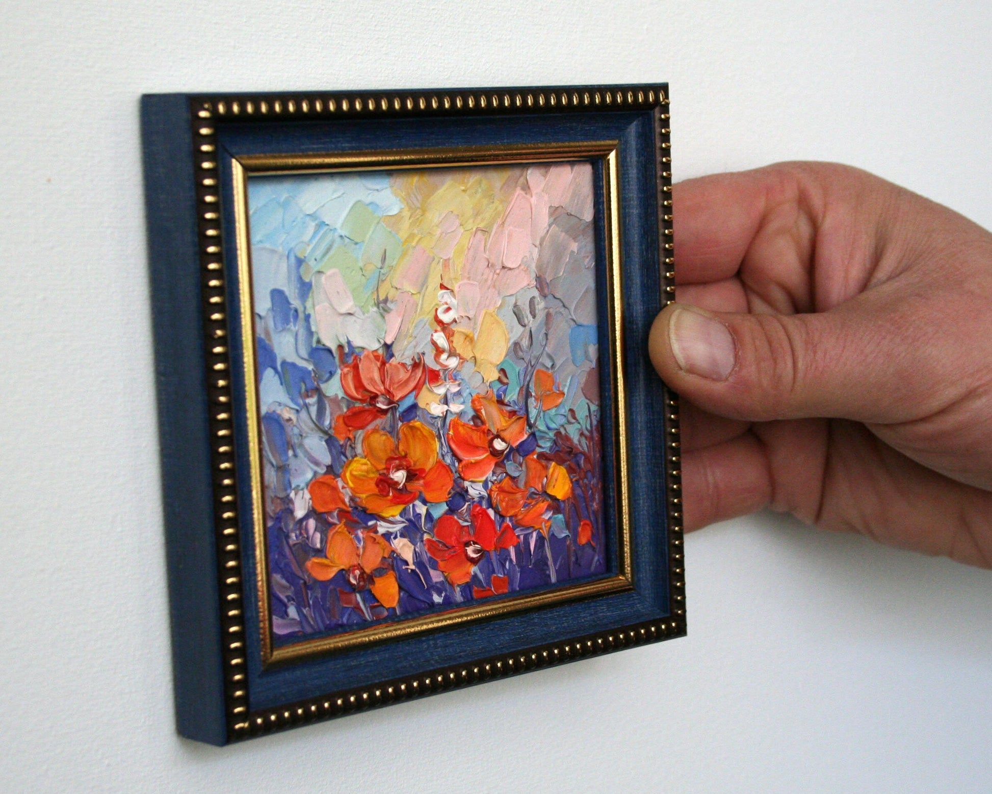 Summer Field framed miniature oil painting, made to order original artwork 10x10 cm