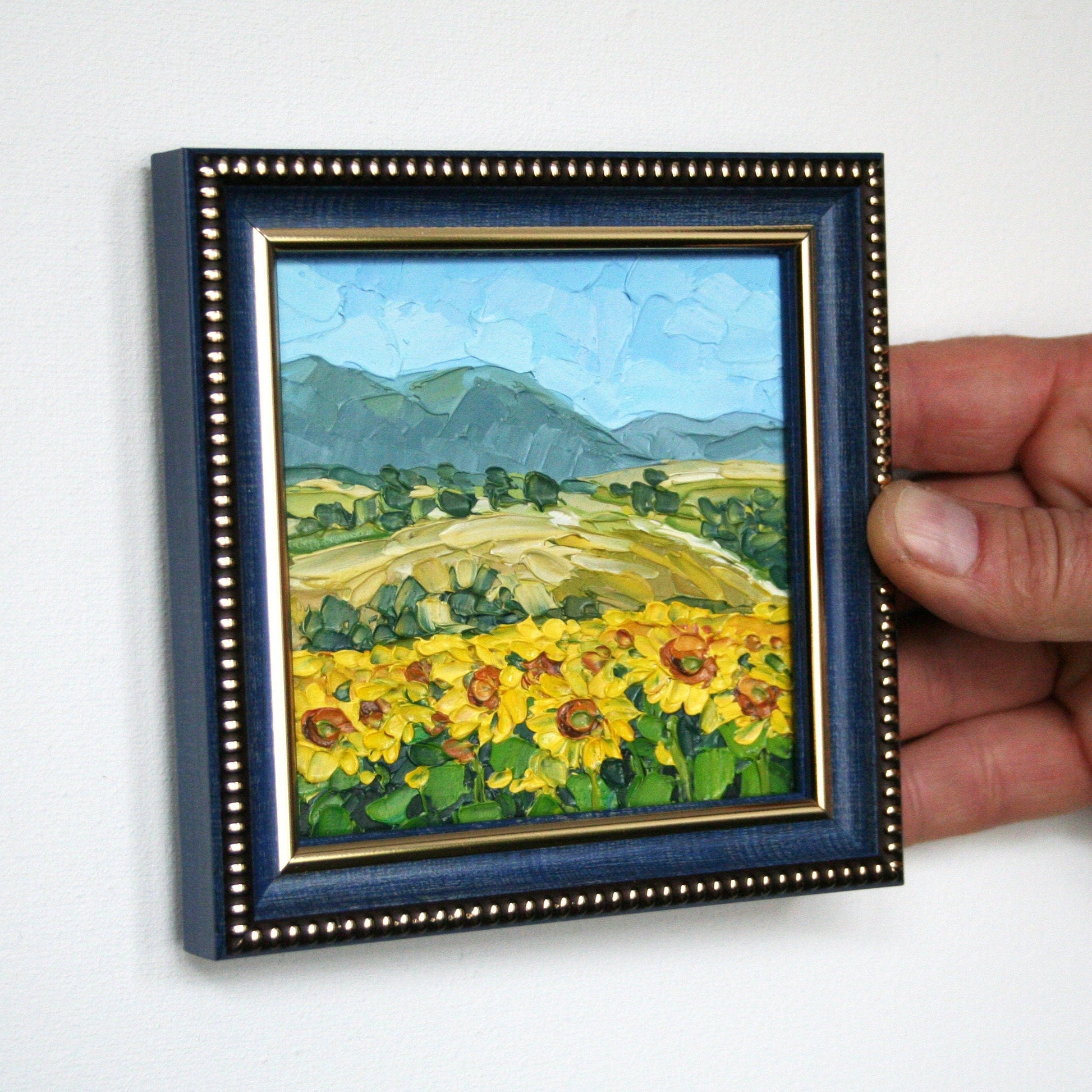 Sunflower field mini oil painting in green frame, Tuscany landscape palette knife art by Iryna Stakhiv