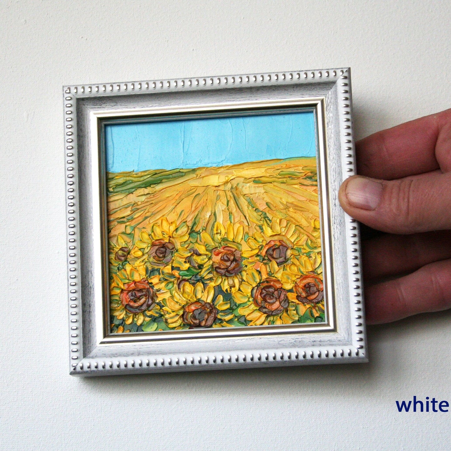 Sunflower field tiny framed oil painting 10x10 cm, original artwork by Iryna Stakhiv