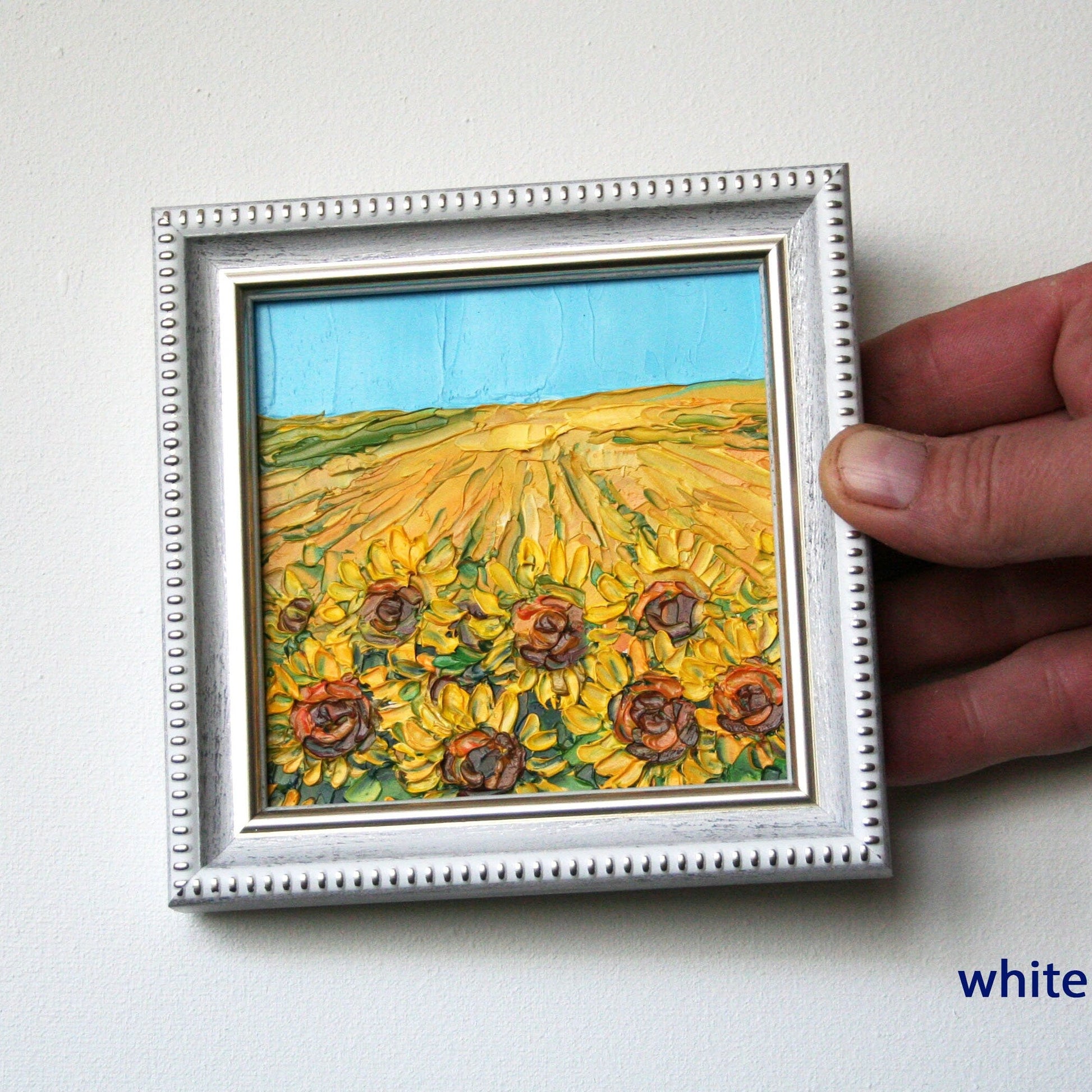 Sunflower field tiny framed oil painting 10x10 cm, original artwork by Iryna Stakhiv