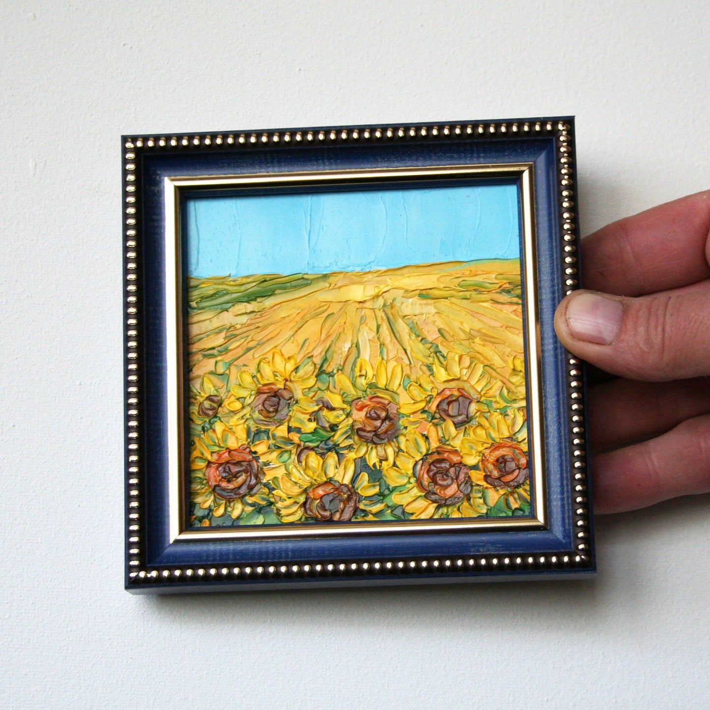 Sunflower mini oil painting in blue frame, original impasto palette knife flower art by Iryna Stakhiv