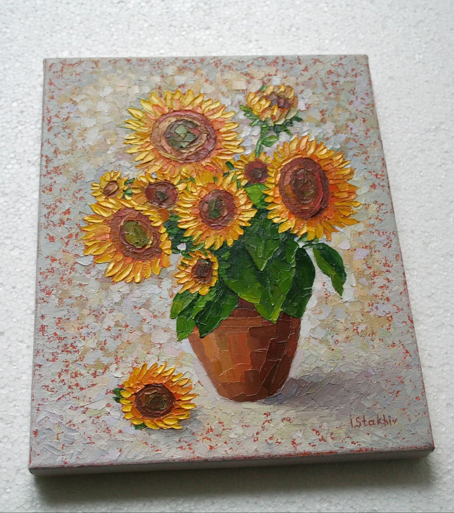 Sunflower painting detail, impasto oil texture, handmade Ukrainian artwork, original art by Iryna Stakhiv