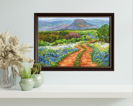 Texas bluebonnet painting 8x12, original framed textured artwork. Spring wildflower landscape by Iryna Stakhiv