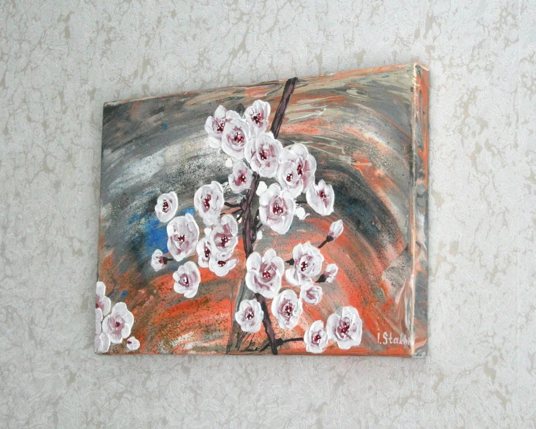 Textured cherry blossom painting, 3D palette knife petals, gallery wrapped canvas