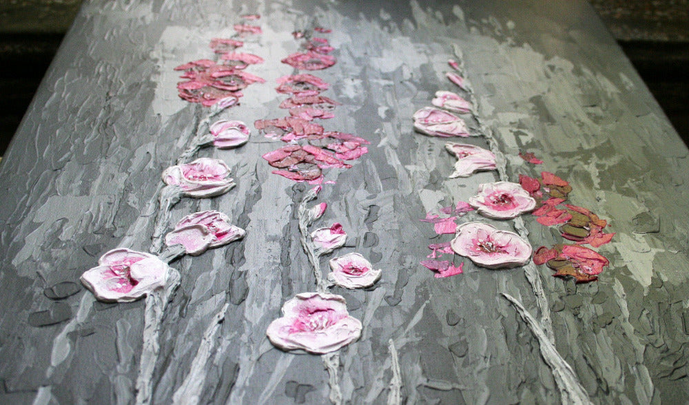 Textured dark floral canvas art detail, gladiolus acrylic painting palette knife technique