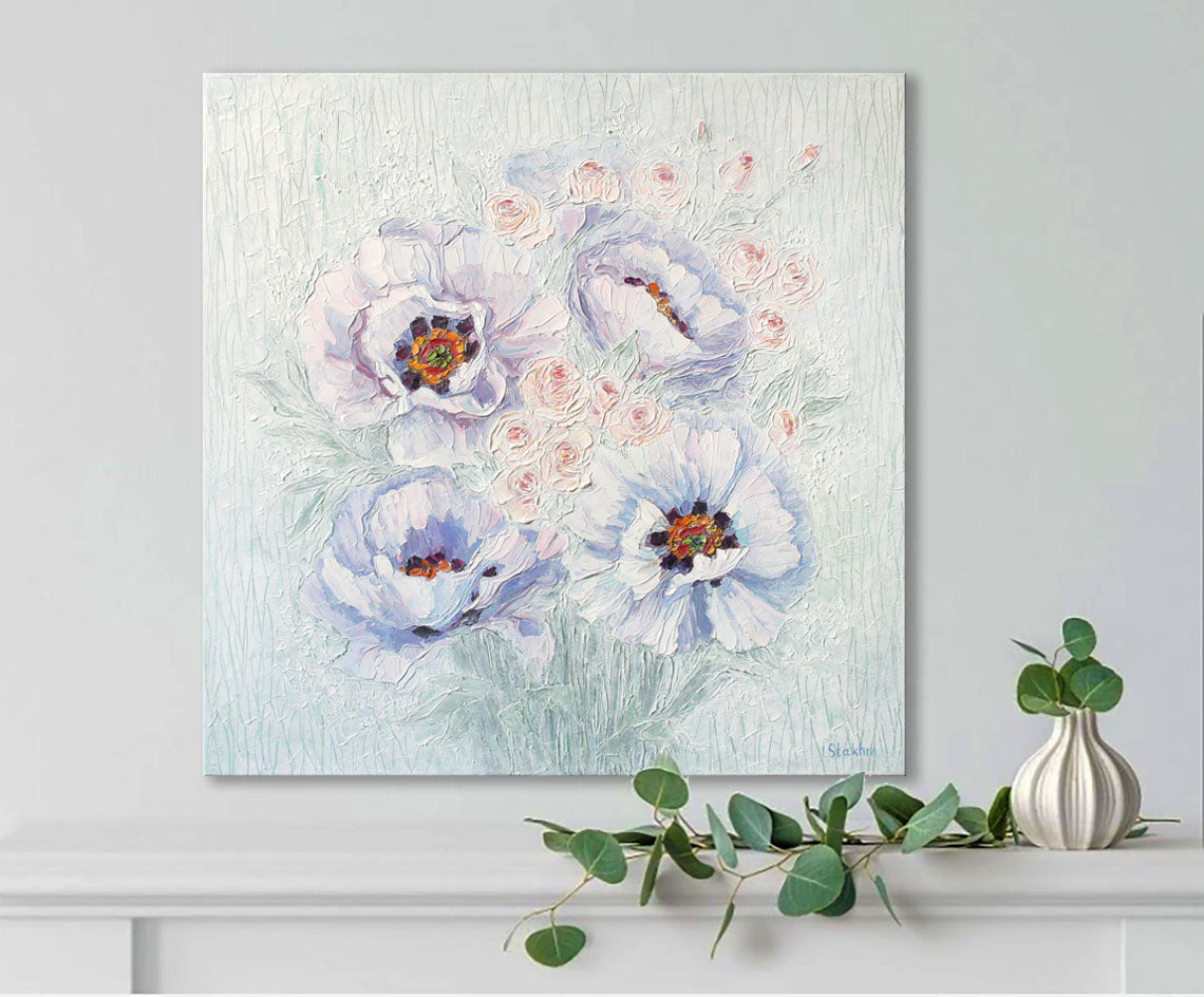 Textured peony oil painting by Iryna Stakhiv, palette knife floral original art on canvas 20x20 inches