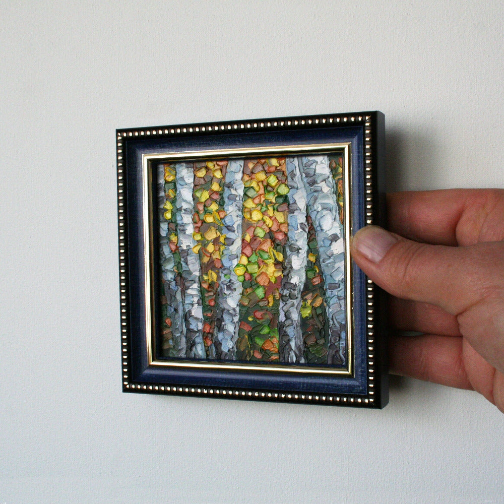 Tiny autumn artwork, Vermont birch tree impasto oil painting palette knife on hard panel