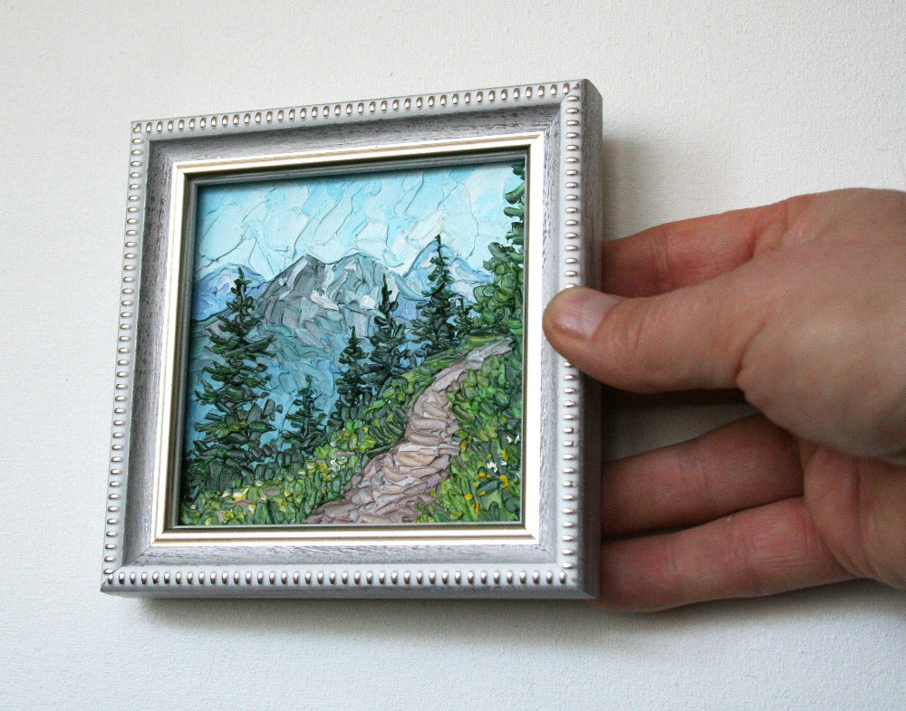 Tiny framed Colorado mountain oil painting, original artwork 10x10 cm by Iryna Stakhiv
