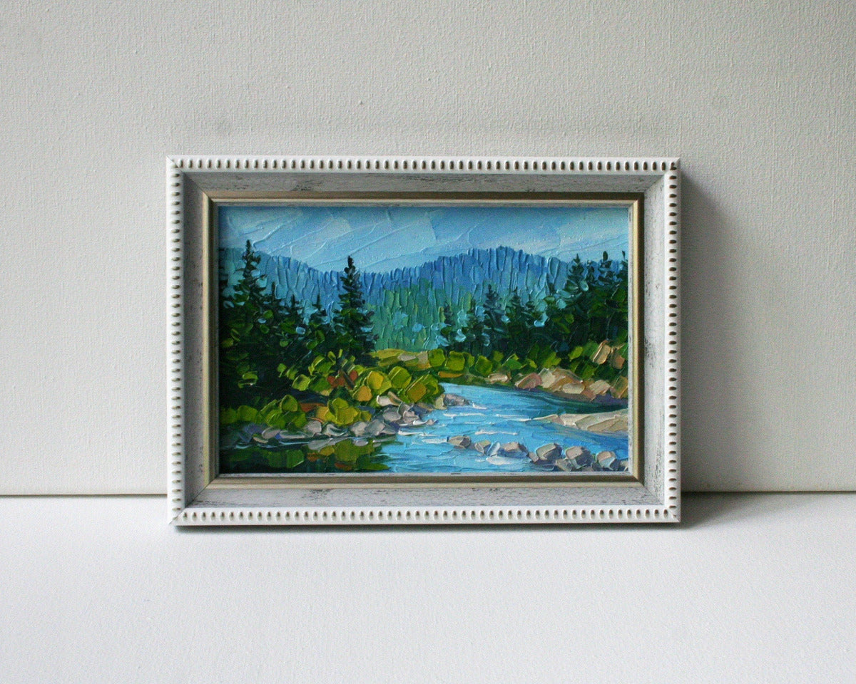 Tiny framed art — California mountain river painting in frame, original oil artwork