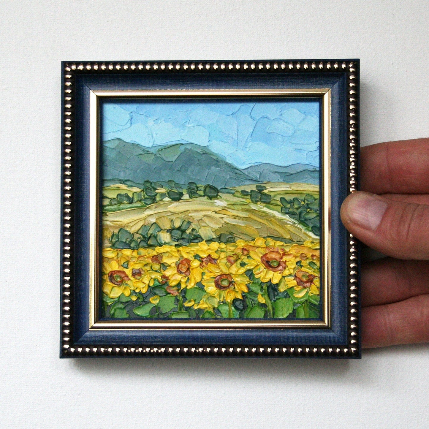Tuscany Landscape Mini Oil Painting, Framed 4x4 Original Italian Artwork with Sunflower Field,  Palette Knife Art