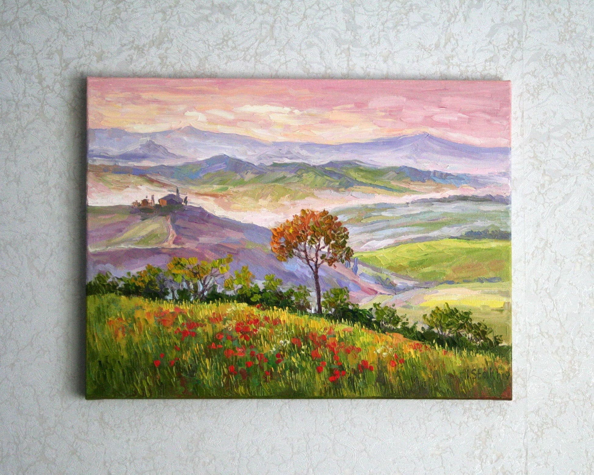 Tuscany oil painting 12x16, palette knife poppy field landscape art by Iryna Stakhiv