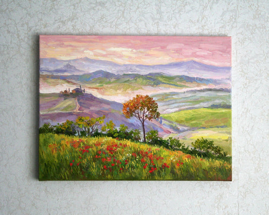 Tuscany oil painting 12x16, palette knife poppy field landscape art by Iryna Stakhiv