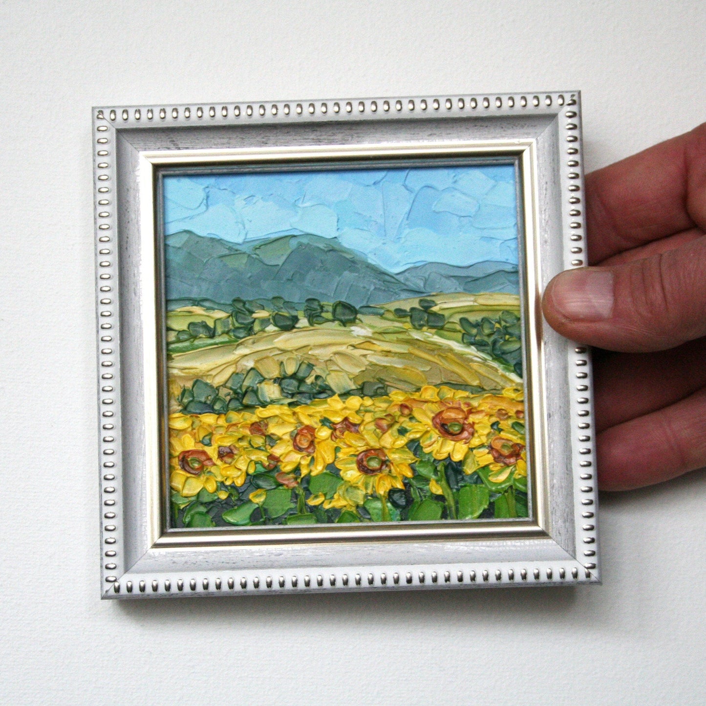 Tuscany sunflower field tiny framed oil painting 10x10 cm, original artwork by Iryna Stakhiv