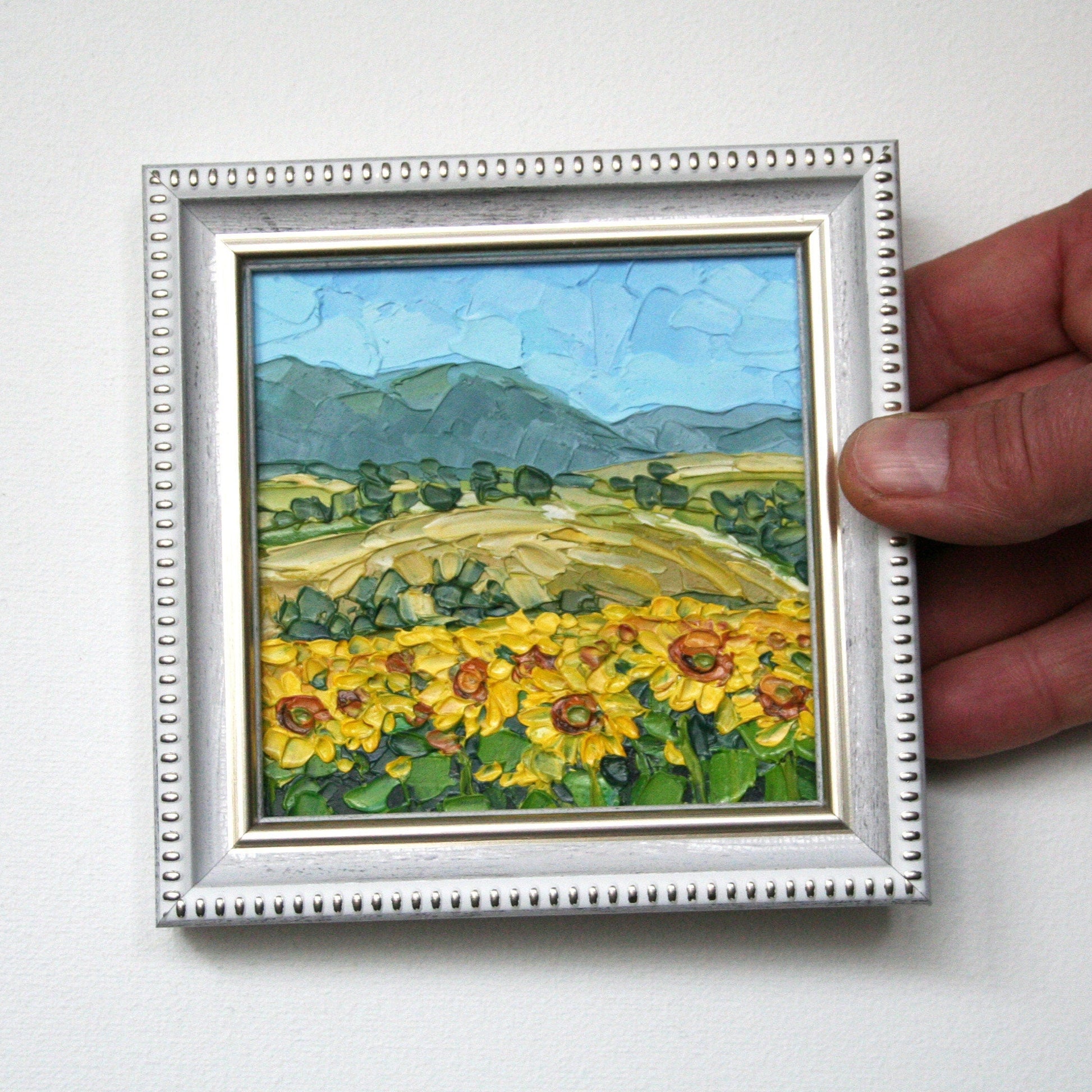 Tuscany sunflower field tiny framed oil painting 10x10 cm, original artwork by Iryna Stakhiv