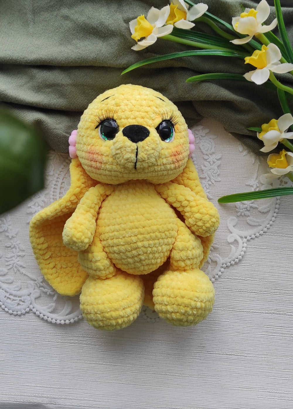 Unique handmade amigurumi plush yellow bunny, 23cm tall, long ears, handcrafted by artisan Valentyna Levytska.
