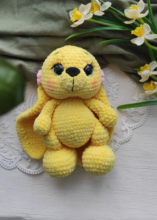 Unique handmade amigurumi plush yellow bunny, 23cm tall, long ears, handcrafted by artisan Valentyna Levytska.