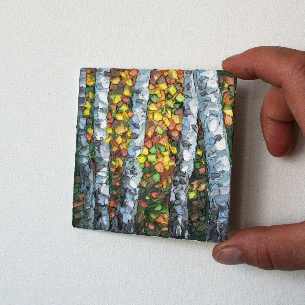Vermont birch tree painting, tiny autumn artwork impasto mini oil painting original