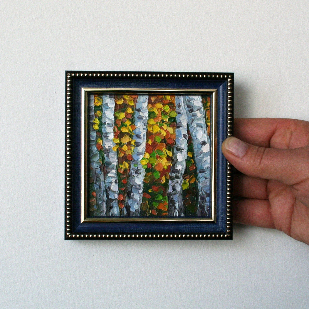 Vermont painting birch tree art, tiny autumn artwork impasto mini oil painting 4x4 by Iryna Stakhiv