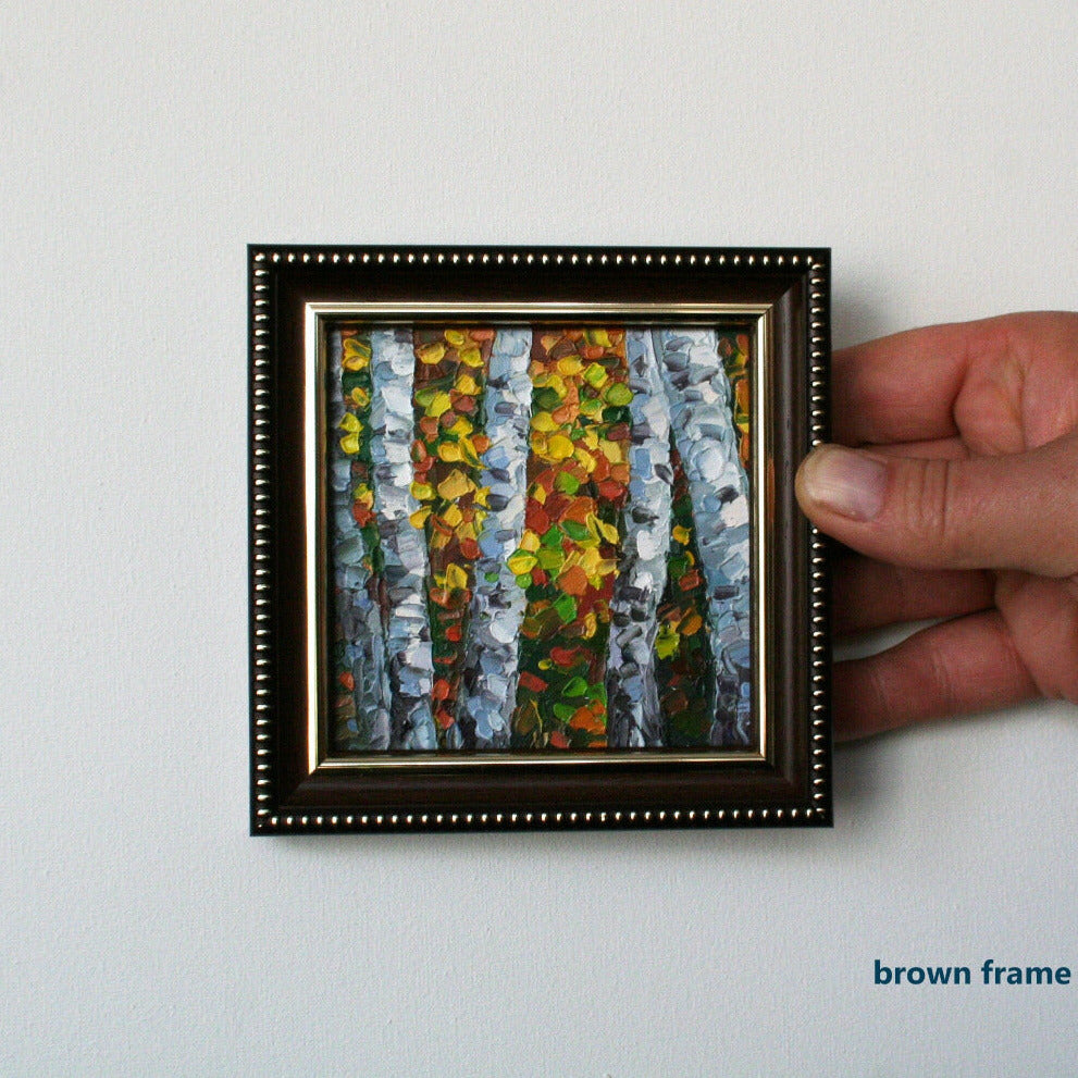 Vermont painting in frame, birch tree art tiny autumn miniature oil painting original